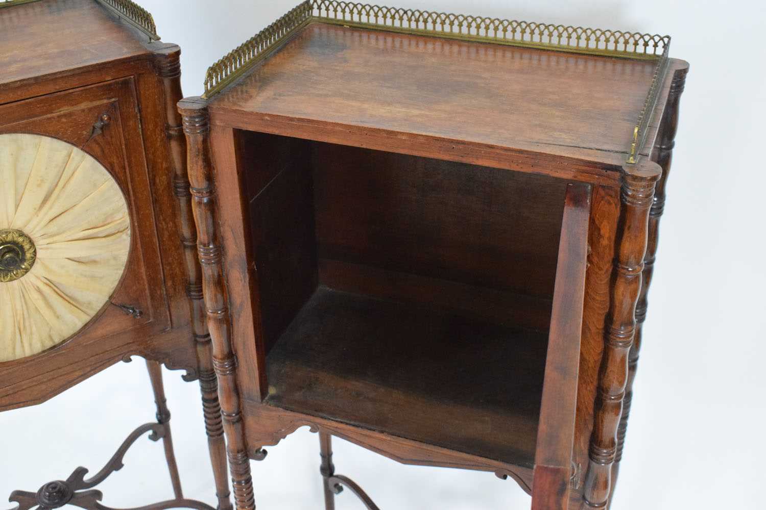 A pair of Regency rosewood and brass mounted pot cupboards, the doors with watered silk panels, on - Bild 11 aus 24