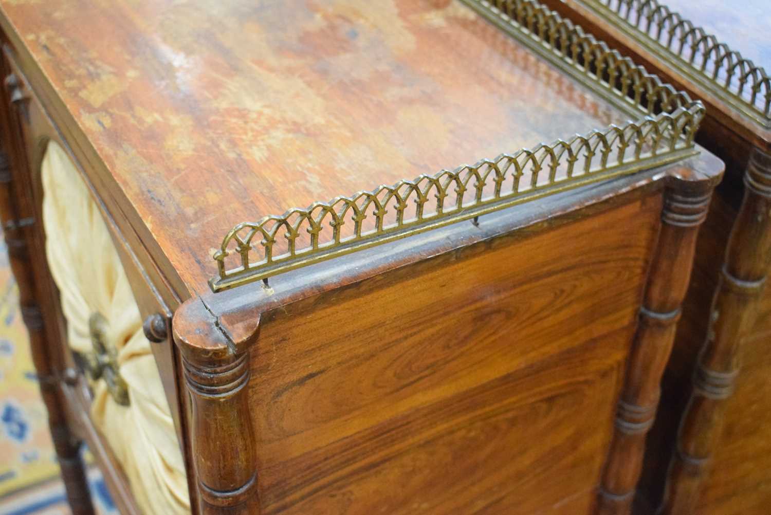 A pair of Regency rosewood and brass mounted pot cupboards, the doors with watered silk panels, on - Bild 14 aus 24