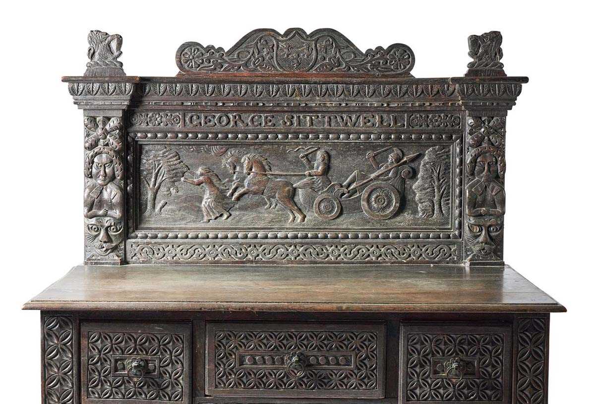 A 19th century carved oak sideboard in the 17th century manner, the superstructure frieze carved for - Bild 2 aus 3