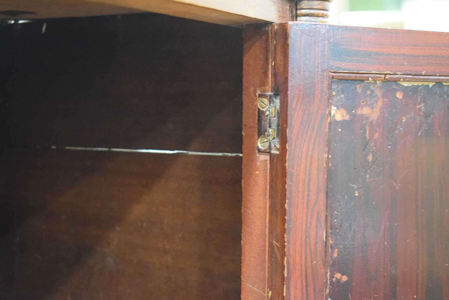 A pair of Regency rosewood and brass mounted pot cupboards, the doors with watered silk panels, on - Bild 19 aus 24