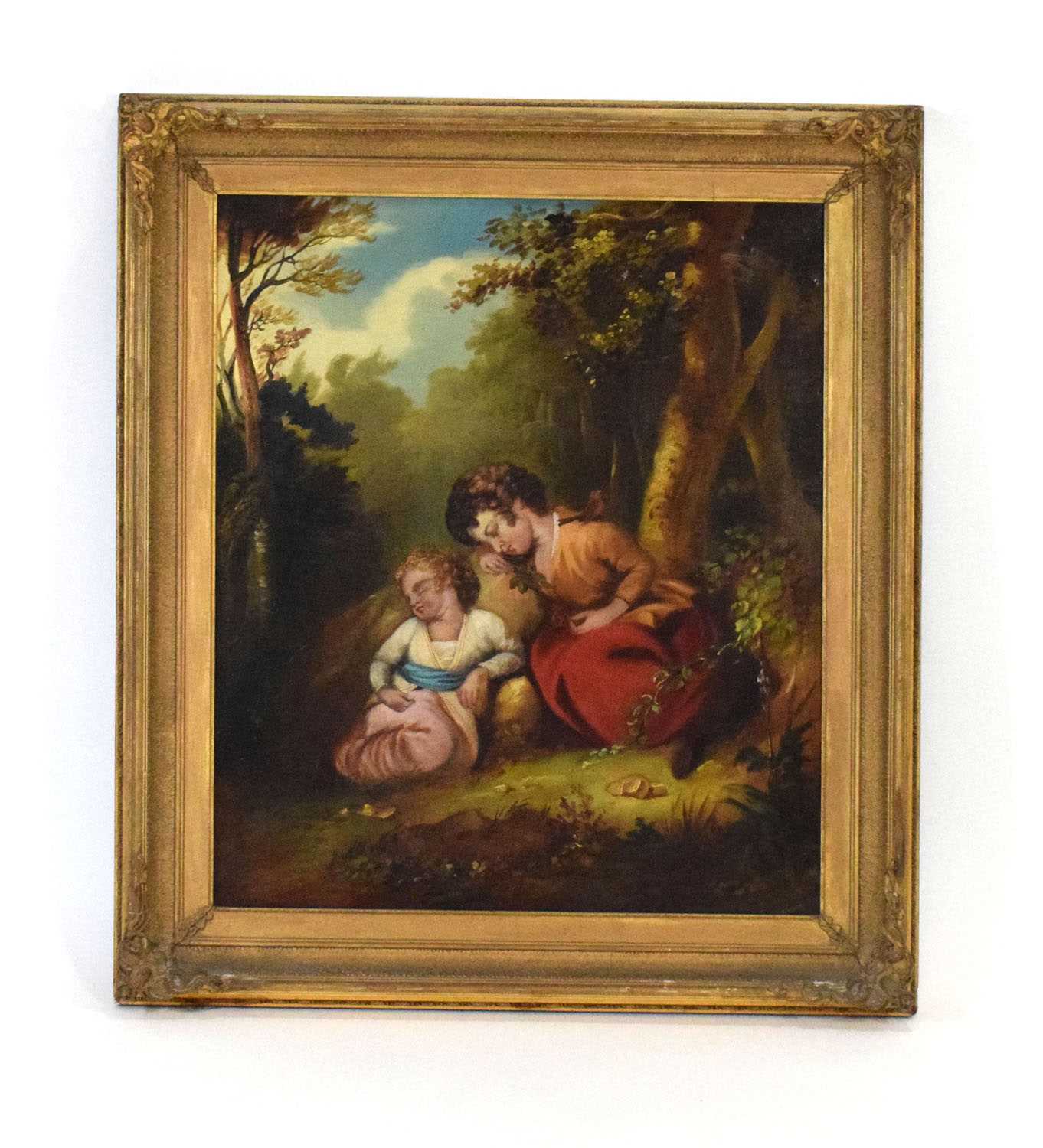 19th Century English School,Two children asleep in a woods,unsigned,oil on canvas,image 73 x 61 cm