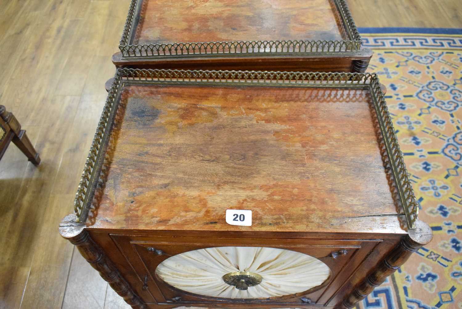 A pair of Regency rosewood and brass mounted pot cupboards, the doors with watered silk panels, on - Bild 13 aus 24