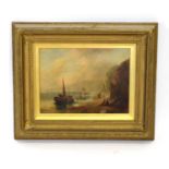 19th Century English School,Fishing boats moored by a rocky shore,unsigned,oil on board,image 29 x
