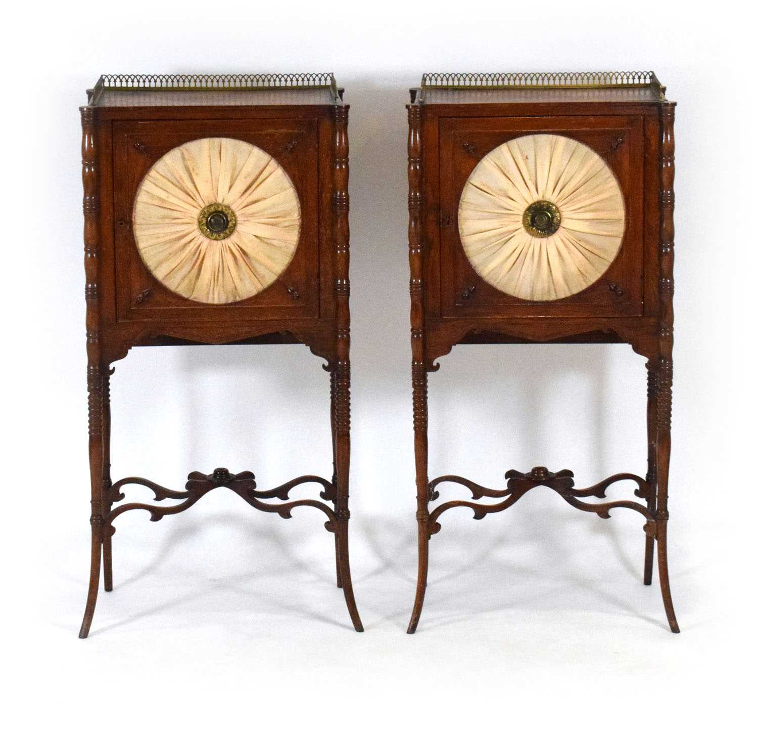 A pair of Regency rosewood and brass mounted pot cupboards, the doors with watered silk panels, on - Bild 2 aus 24