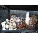 Cage containing Café De Monte style figures and Royal Doulton ladies, glassware, studio pottery
