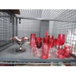 Cage containing wine and sherry glasses plus a carnival glass bowl and dish