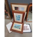 Quantity of picture frames, horse racing prints, comical cats and dogs, the young cricket player and