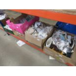 Five boxes containing wine glasses, general crockery, china plus other household goods