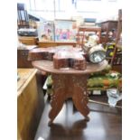 Carved Indian side table, natural wood quartz wall clock plus a Pifco lamp