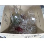 Box containing wine and sherry glasses plus decanters