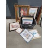Box containing children's and botanical prints, an oleograph lady and poultry, plus two steam