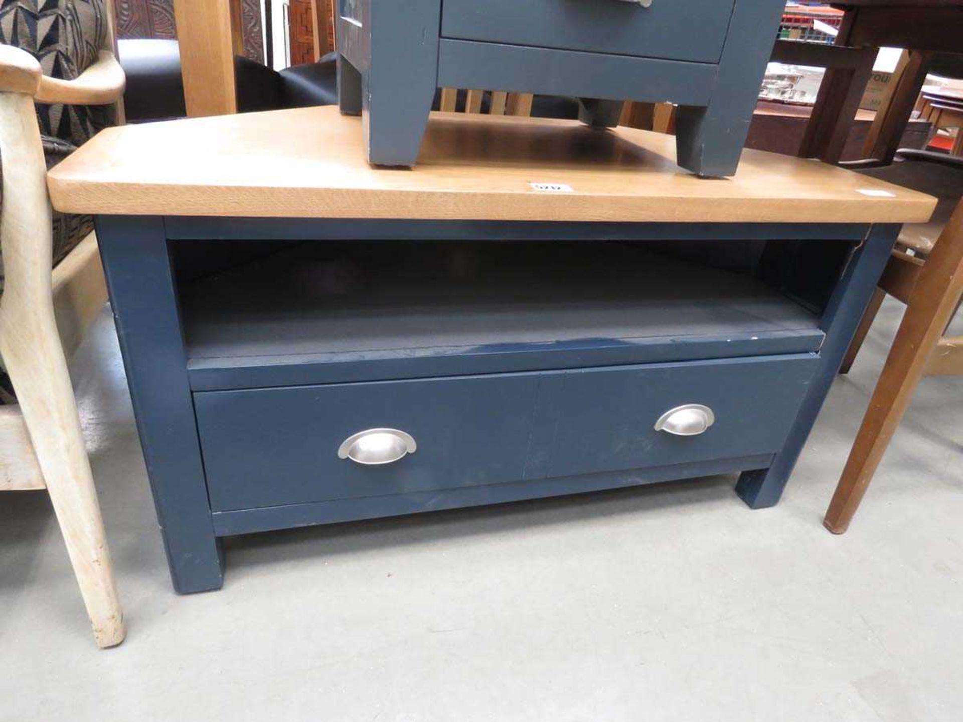 Grey painted TV stand with oak surface