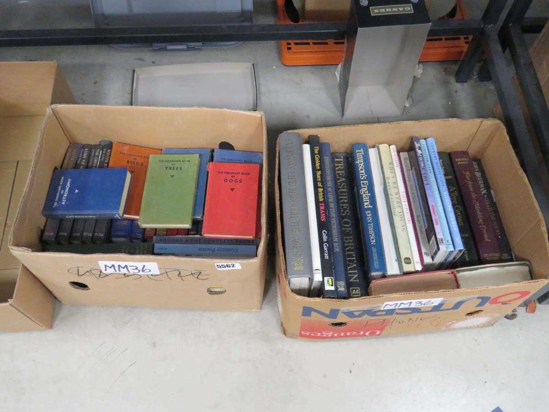 2 boxes containing novels, pottery books and observer books