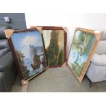 Four modern oils on board, rural scenes with lake, waterfall, and hilltop fortress