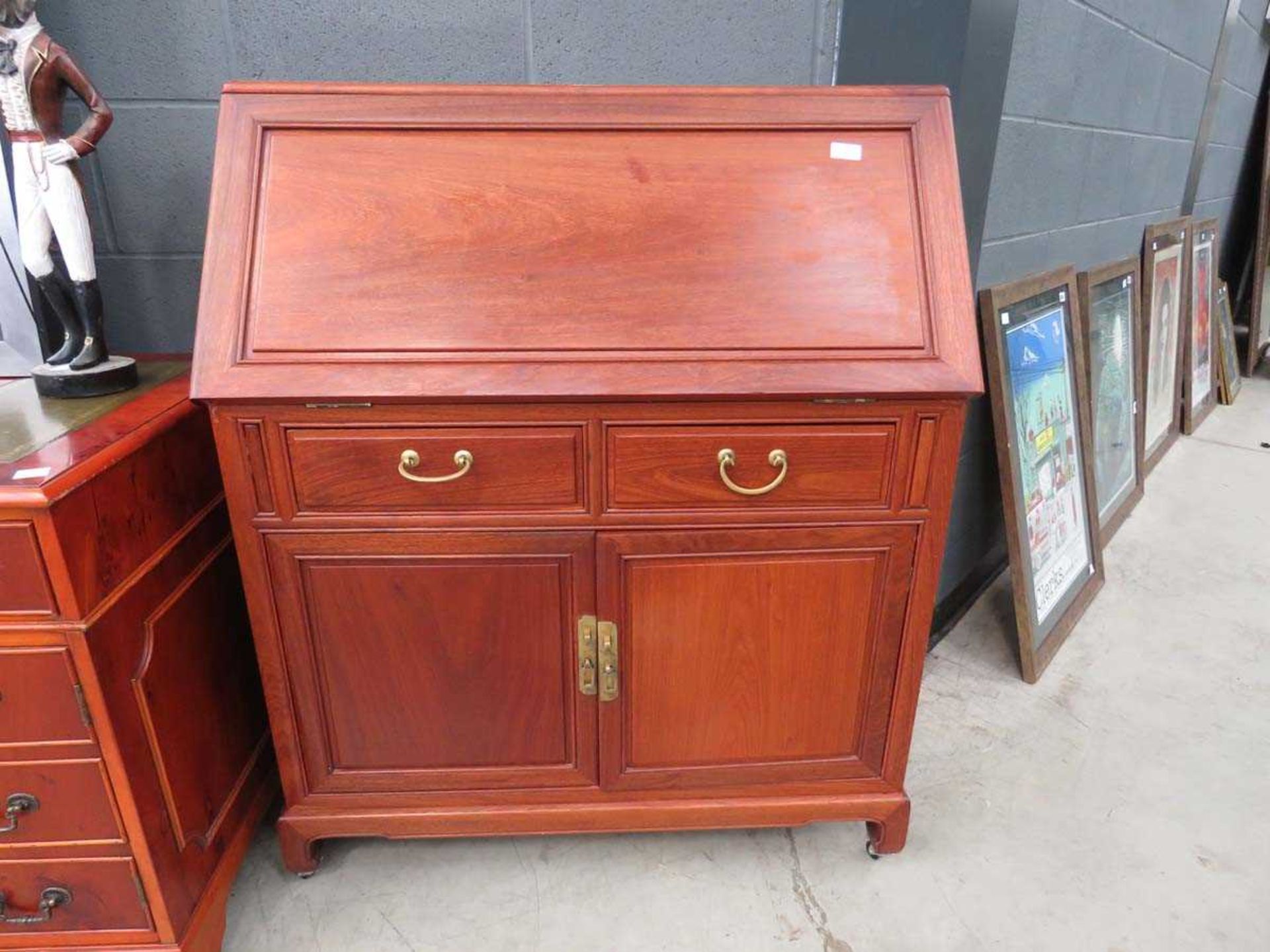 Teak bureau with two drawers and cupboard under