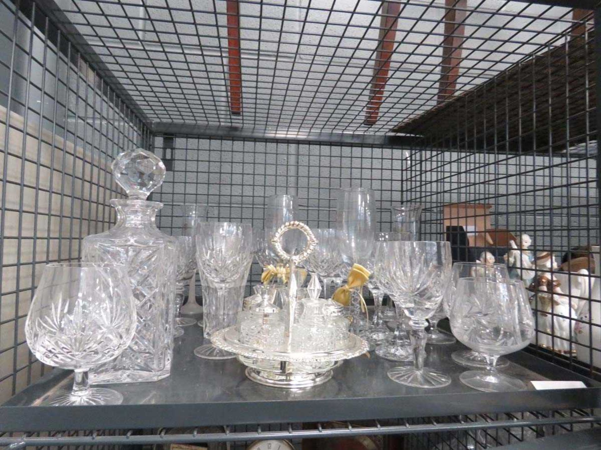 Cage containing glass ware incl. cruet set, decanters, wine and sherry glasses