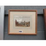 Small watercolour of woodland and town in background