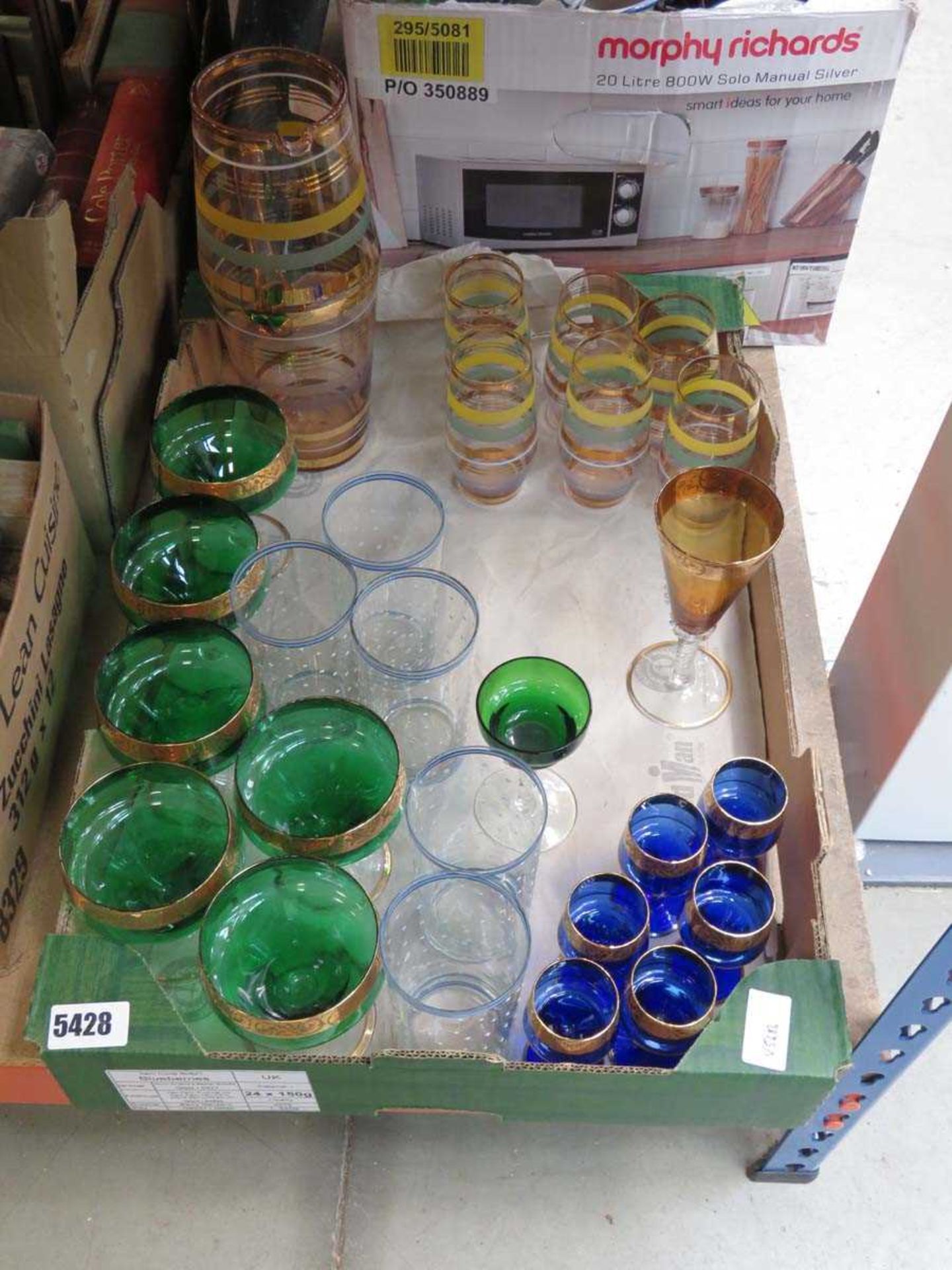 Box containing lemonade glasses and jug, wine and sherry glasses