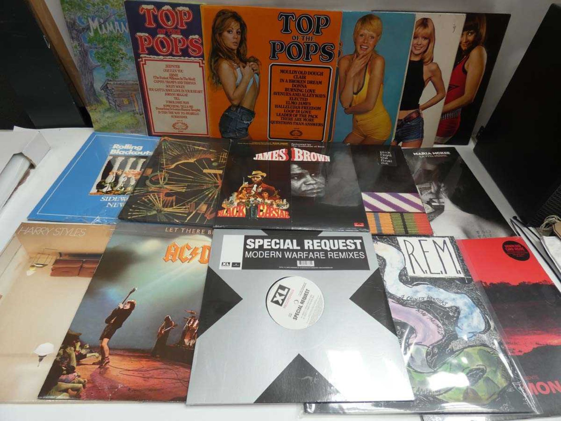 +VAT Box containing LP vinyl records to include James Brown, R.E.M, AC/DC and others