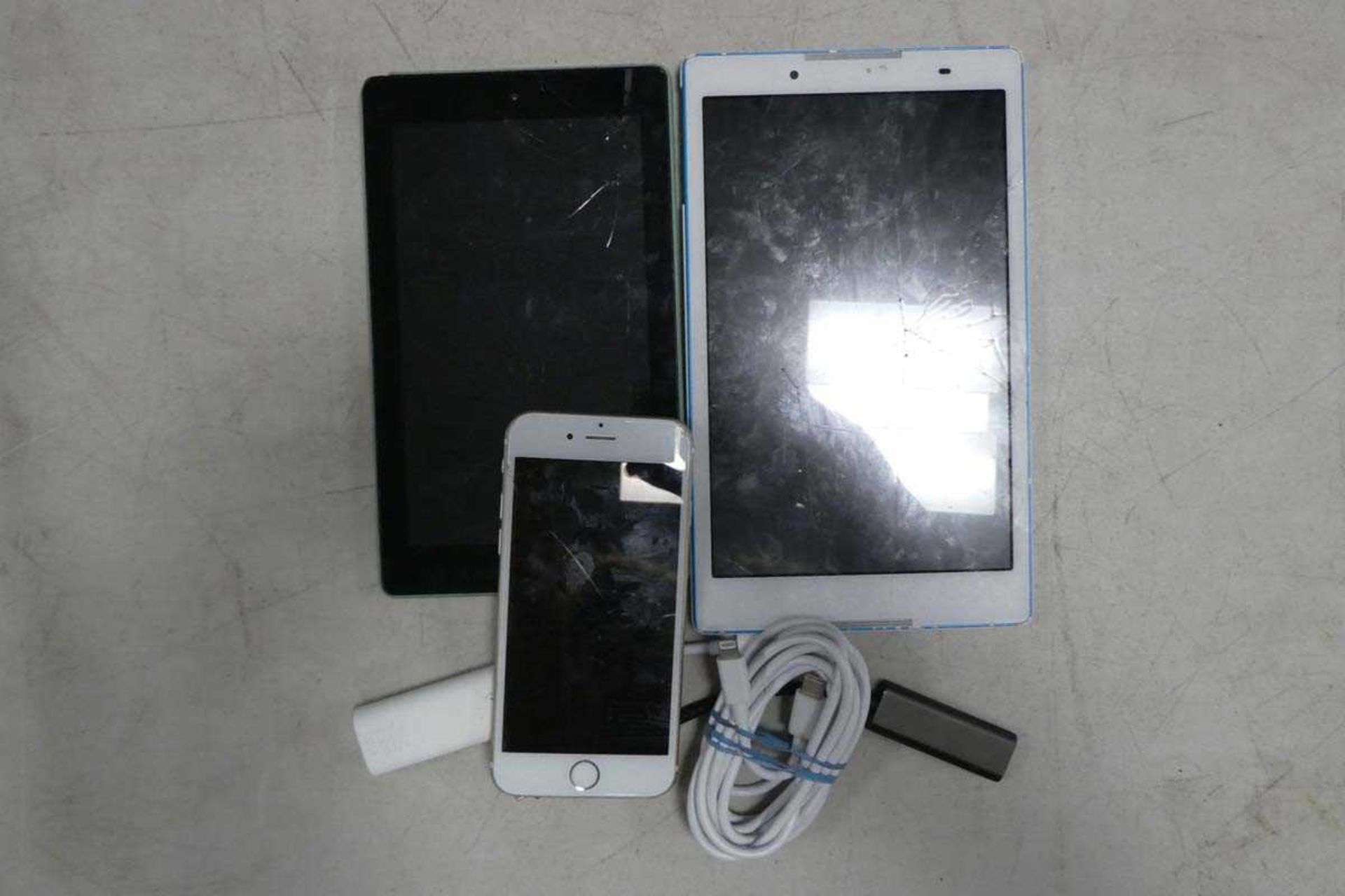 Apple iPhone 6 with cracked screen, possibly locked to iCloud account, Amazon tablet and another