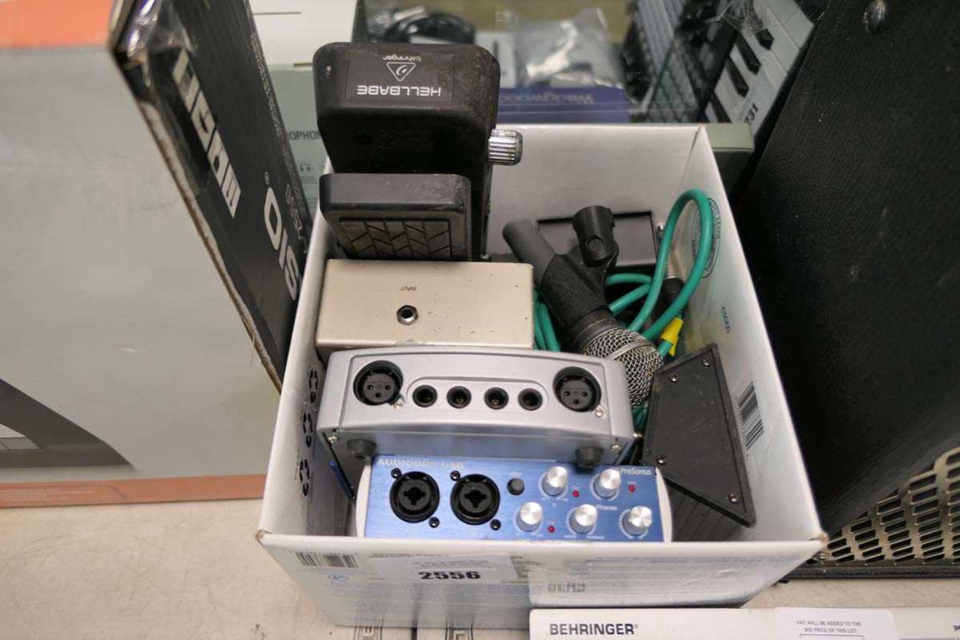 +VAT Box of various studio sundries, mixer units, USB powered mic accessories and headphones