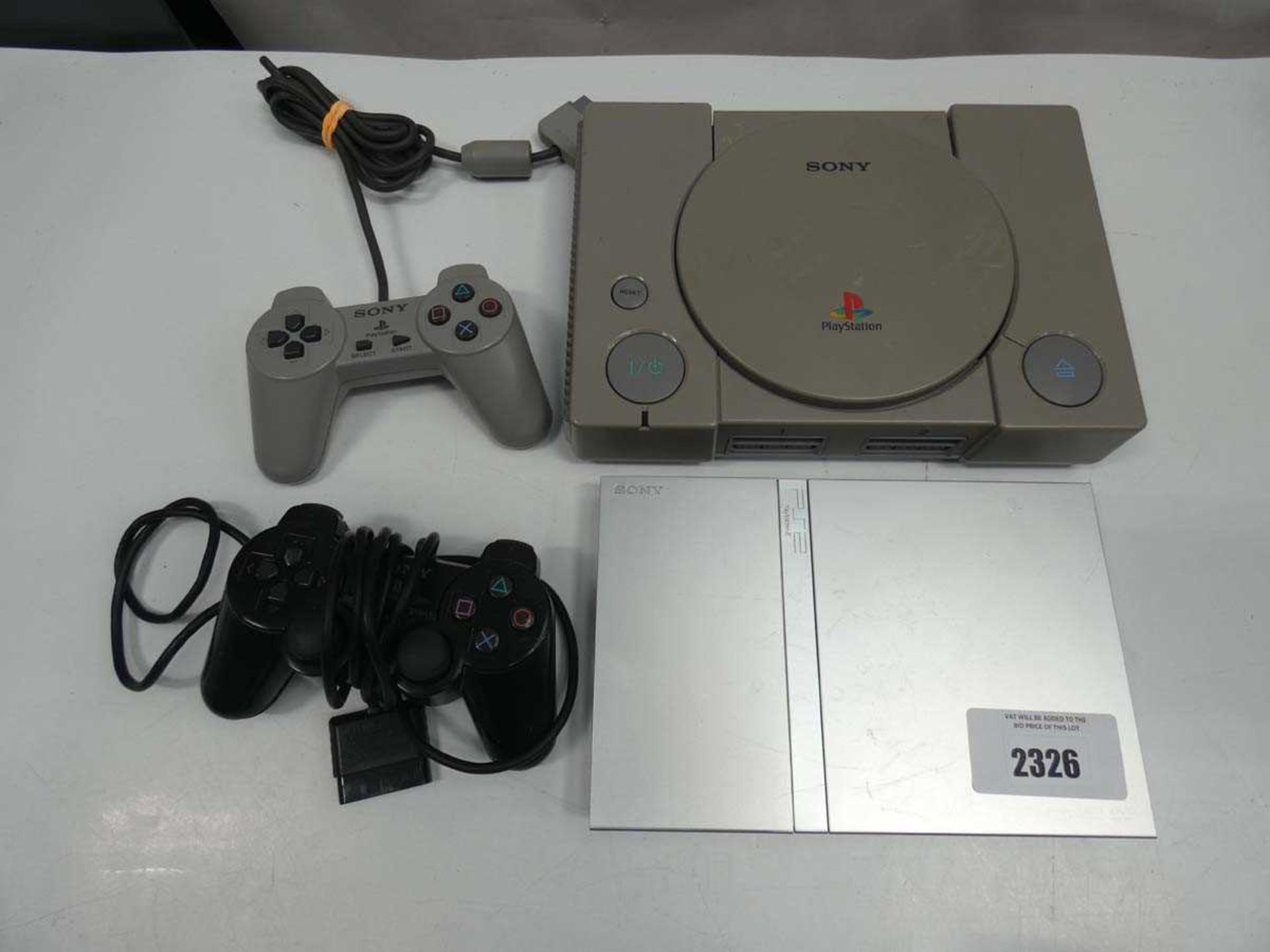 +VAT PS1 console with controller and PS2 Slim with black controller