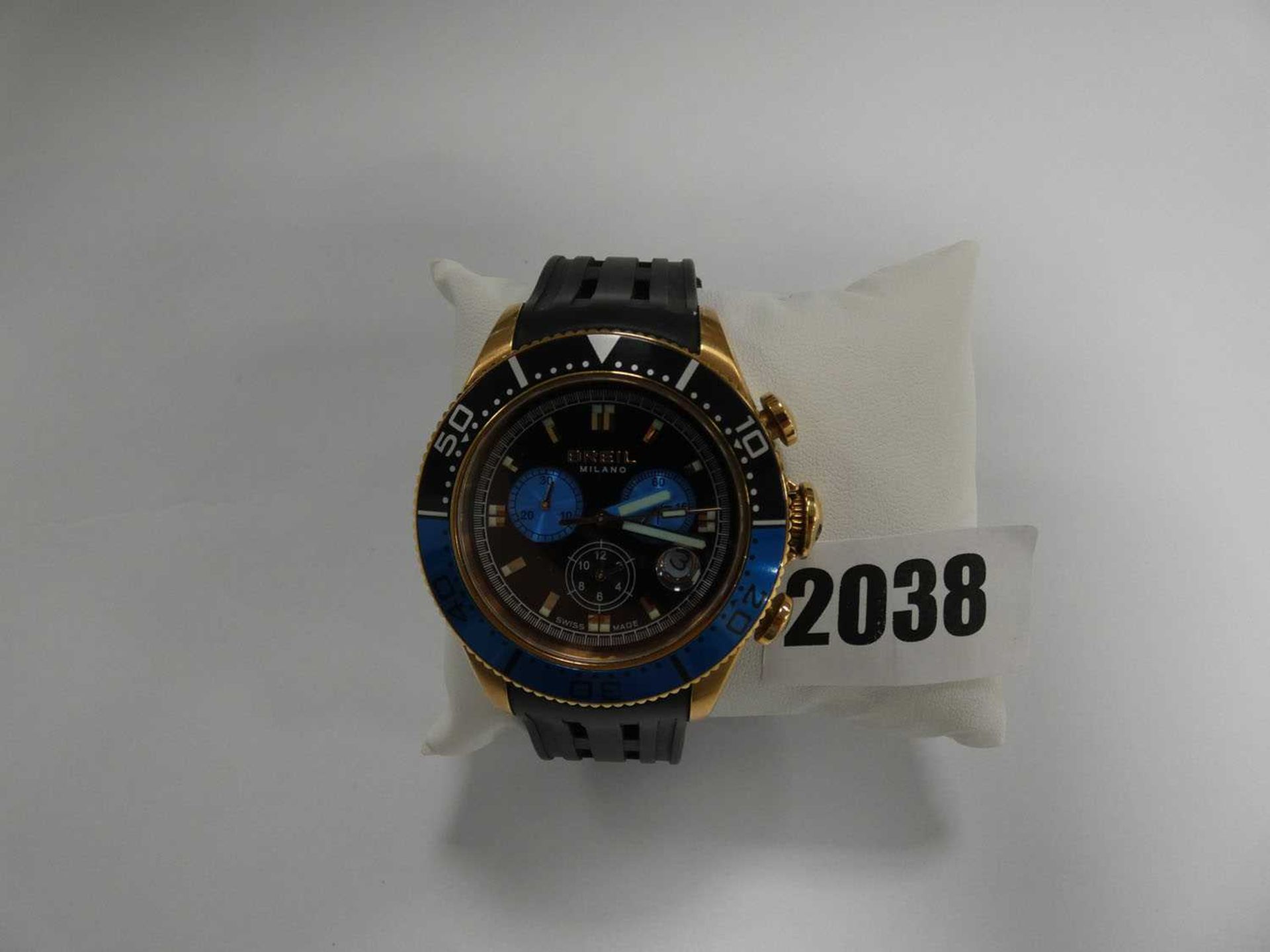 Gents gold plated Breil Milano chronograph watch on rubberised strap with black and blue bezel