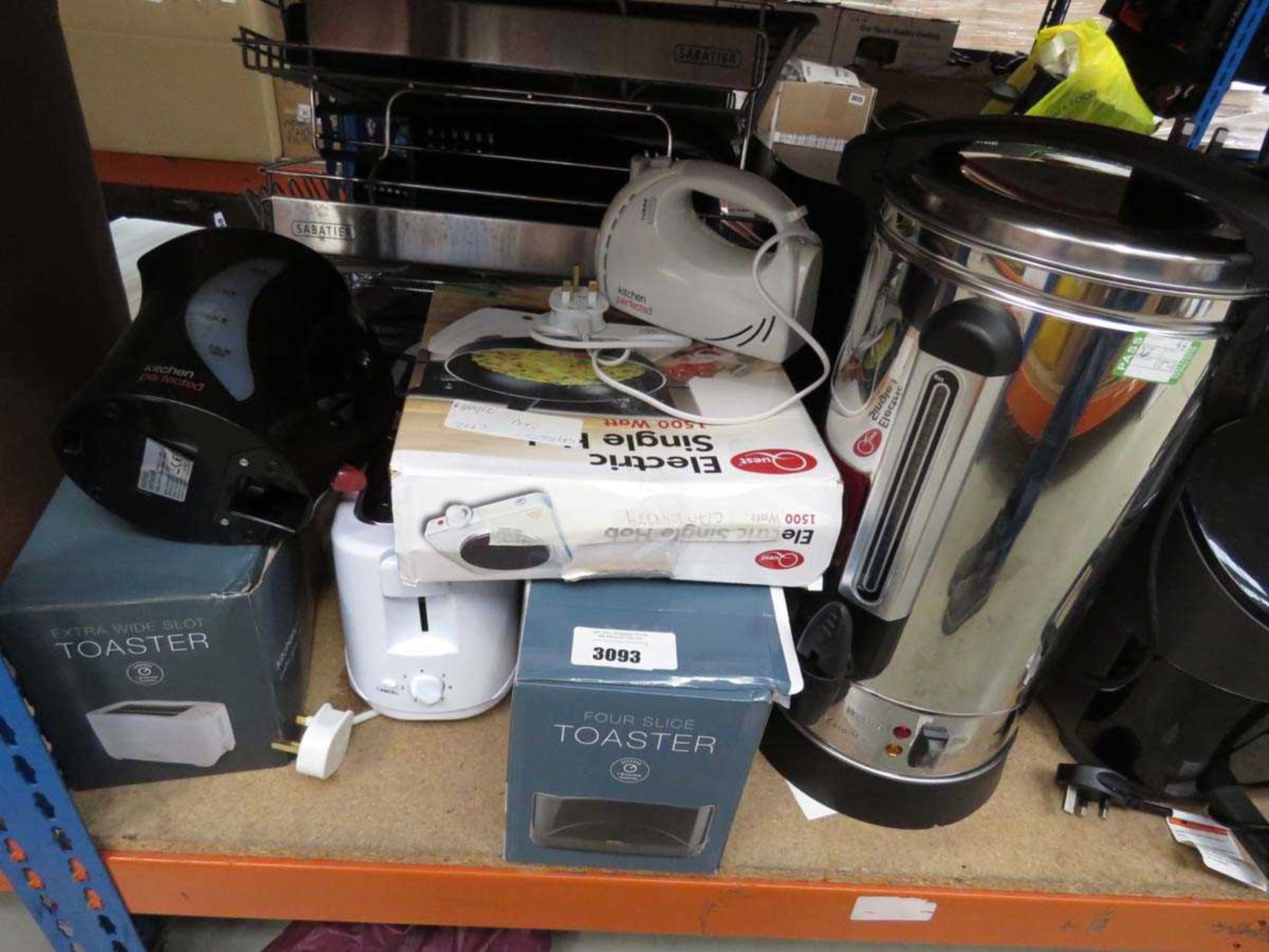 +VAT Mixed lot of kitchenware to include 4 slice toasters, electric single hob, water urn, kettle