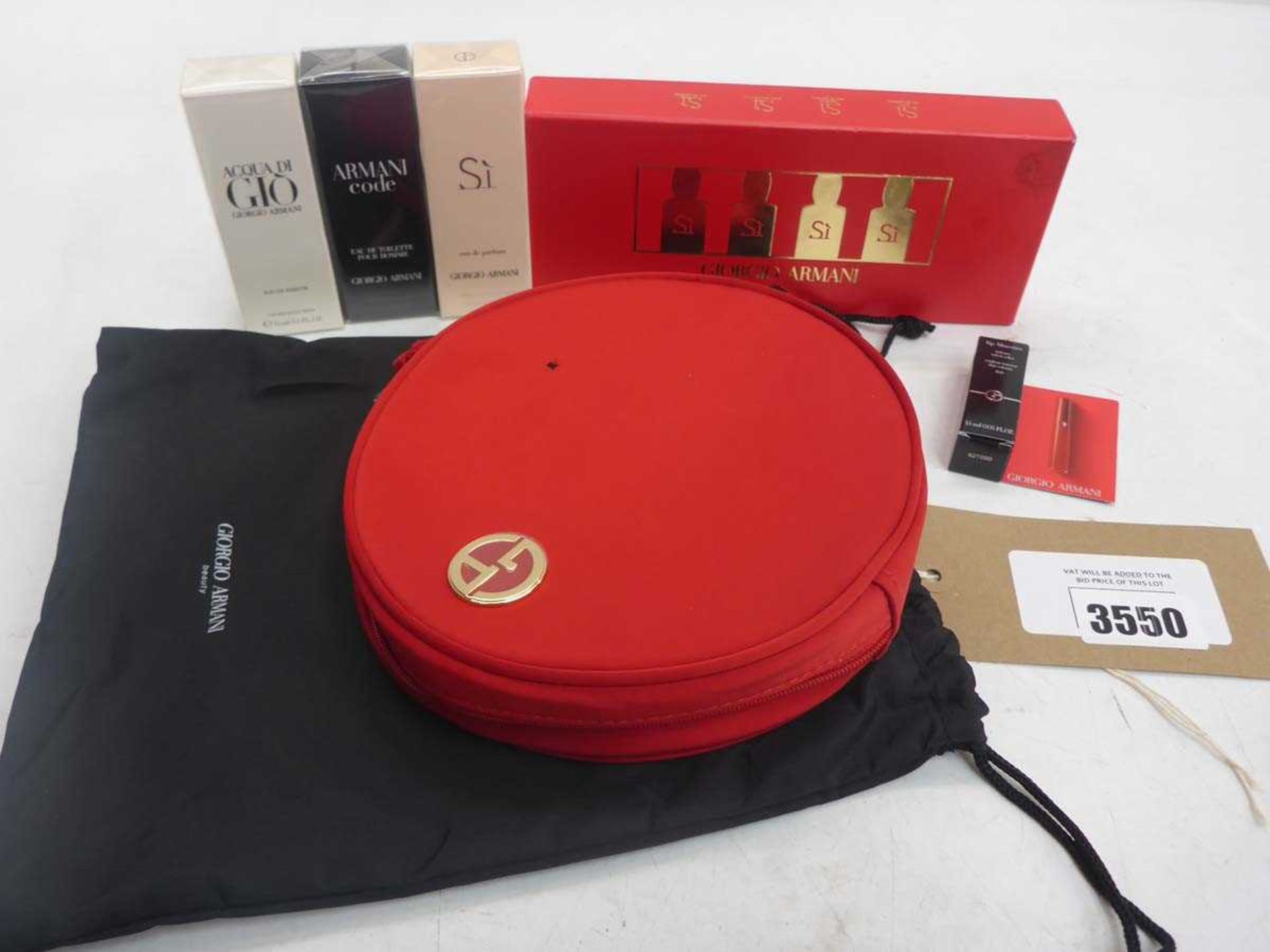 +VAT Giorgio Armani fragrances including Armani Code, Acqua Di Gio, Iip colour and cosmetic bag
