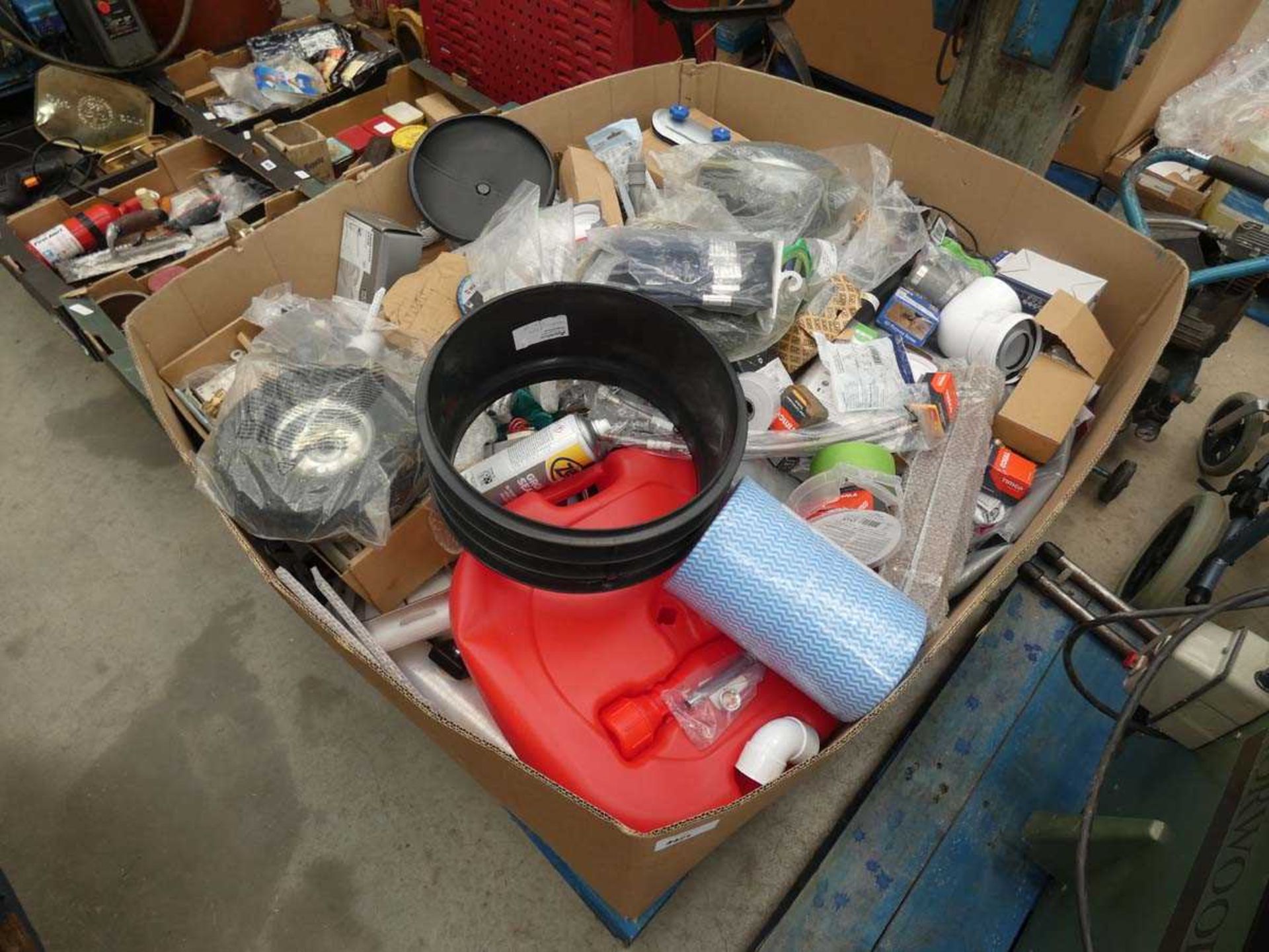 +VAT Large box of assorted items to include wheels, sprays, paint brushes, plumbing fixings, large