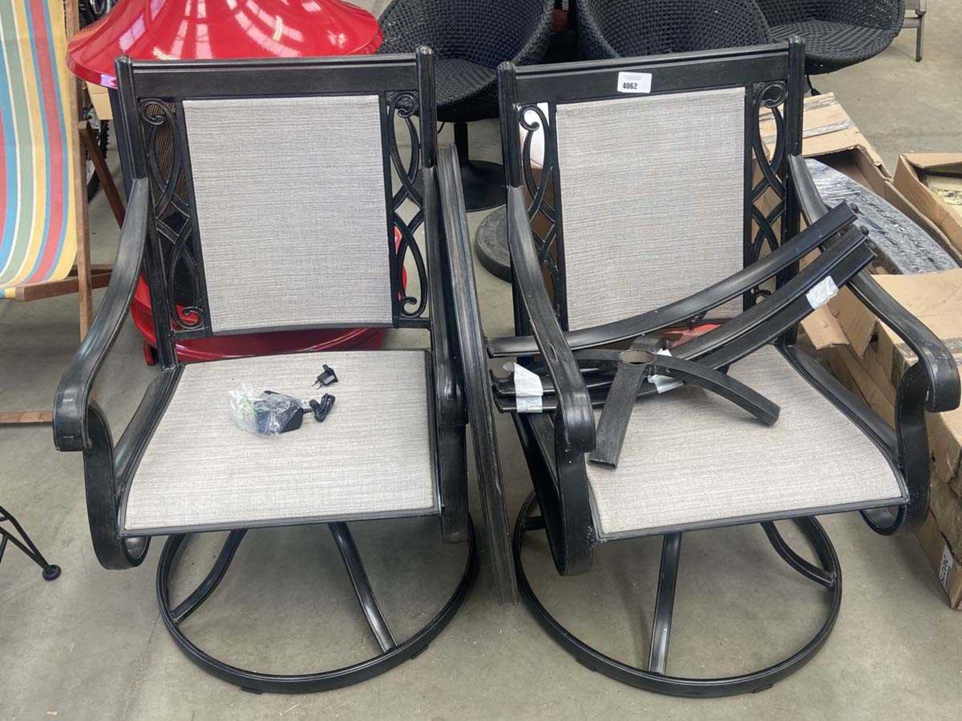 +VAT 3 piece garden set comprising black metal work swivel chairs with grey upholstery and