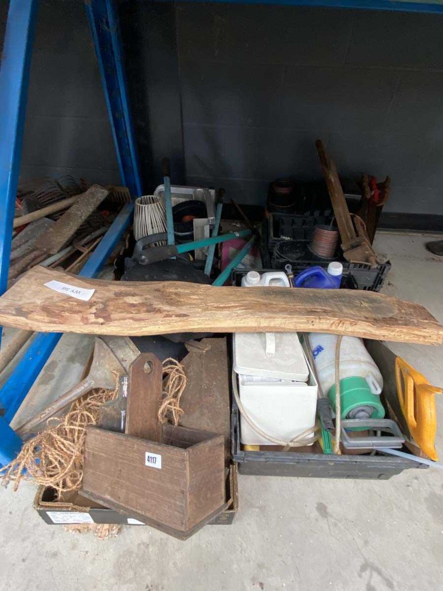 Half under bay of assorted garden items incl. carry trugs, sprayers, vices, saws, loppers, etc.