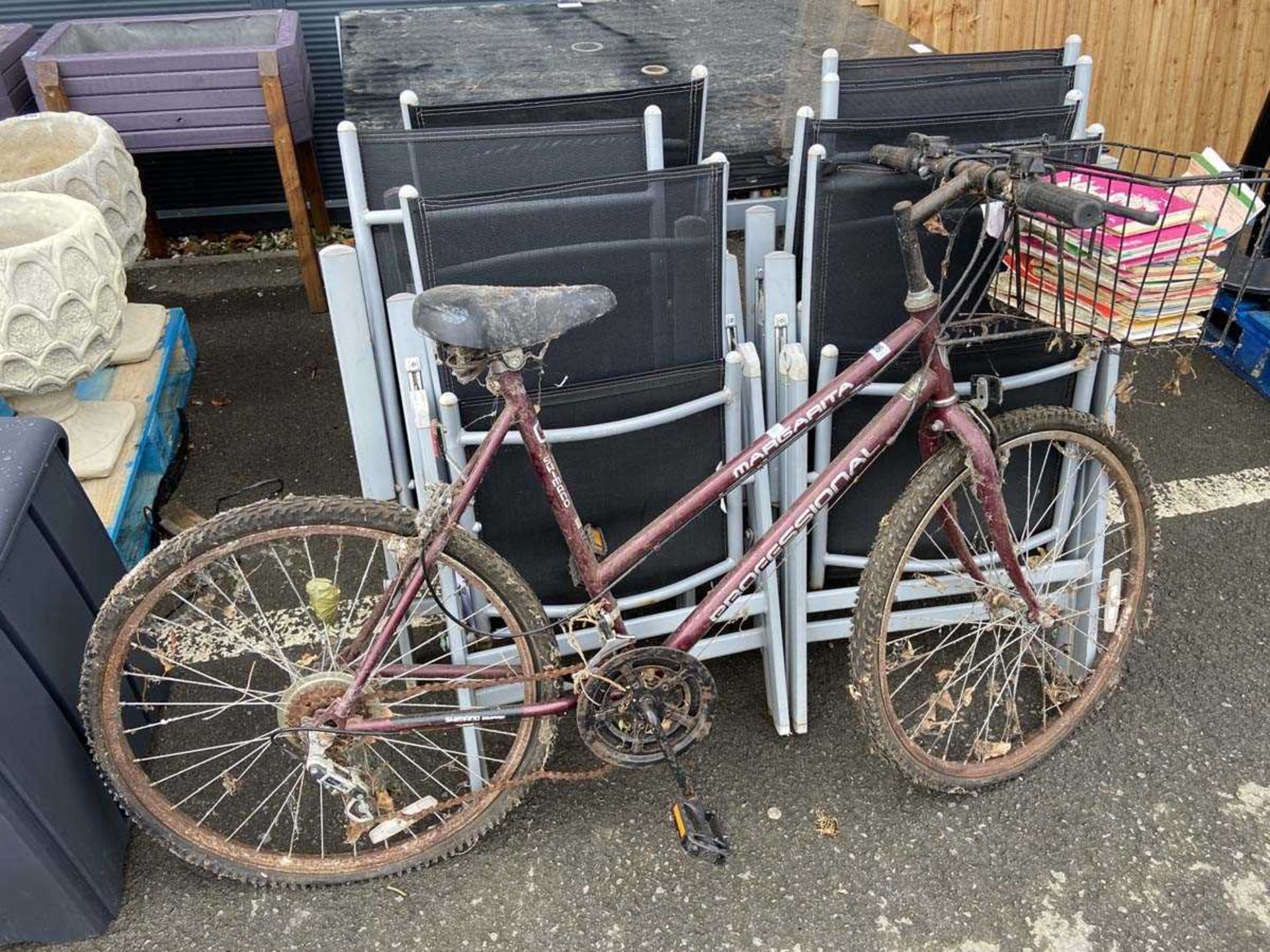 Margarita professional bike in burgundy with shopping trolley and OS maps