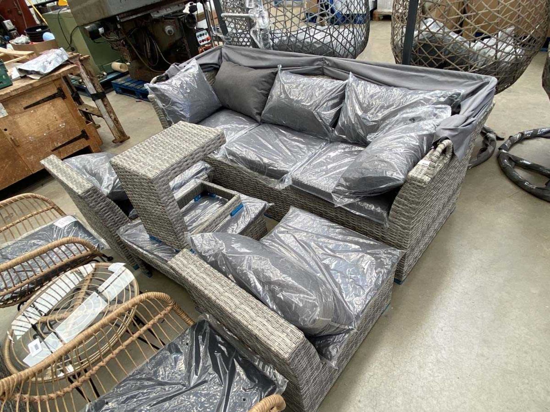 +VAT 5 piece garden set in grey rattan effect comprising canopy covered 3 seater sofa, 2 chairs,