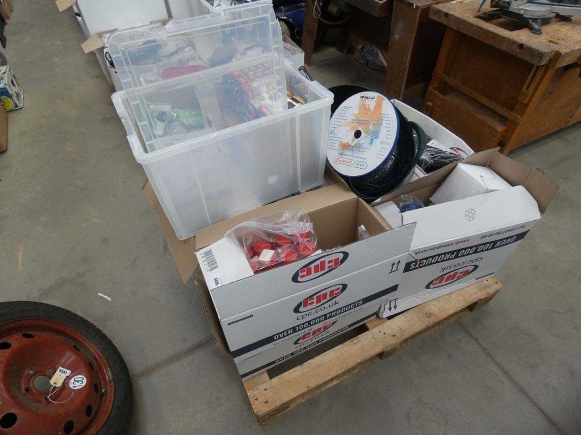 +VAT Pallet of assorted items to include sprays, cabling, stands, repair wraps etc