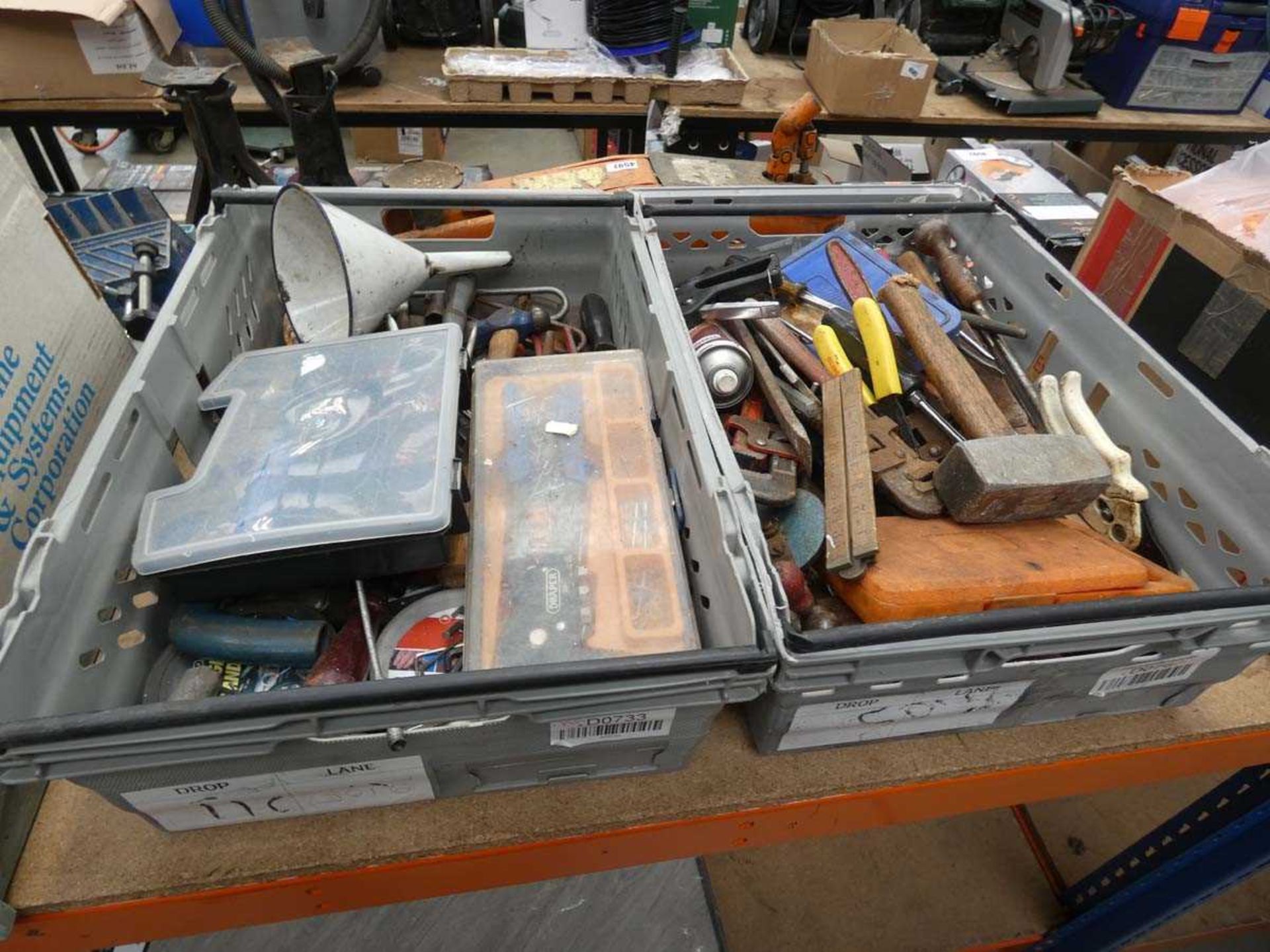 4 crates of items inc. mitre saws, clamps, toolboxes, light switches, hammers, wrenches, fixings - Image 3 of 3