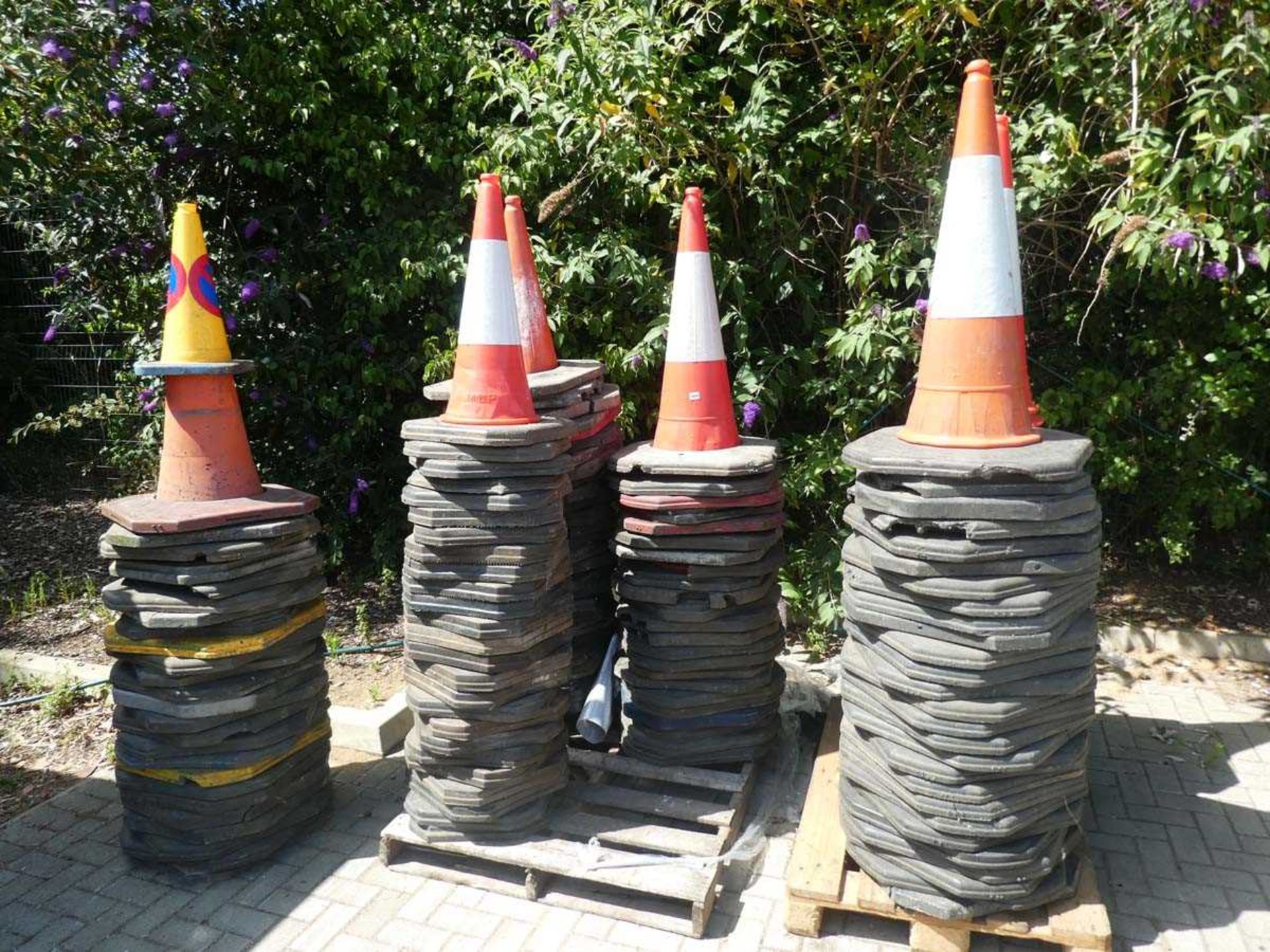 2 pallets containing 6 stacks of traffic cones