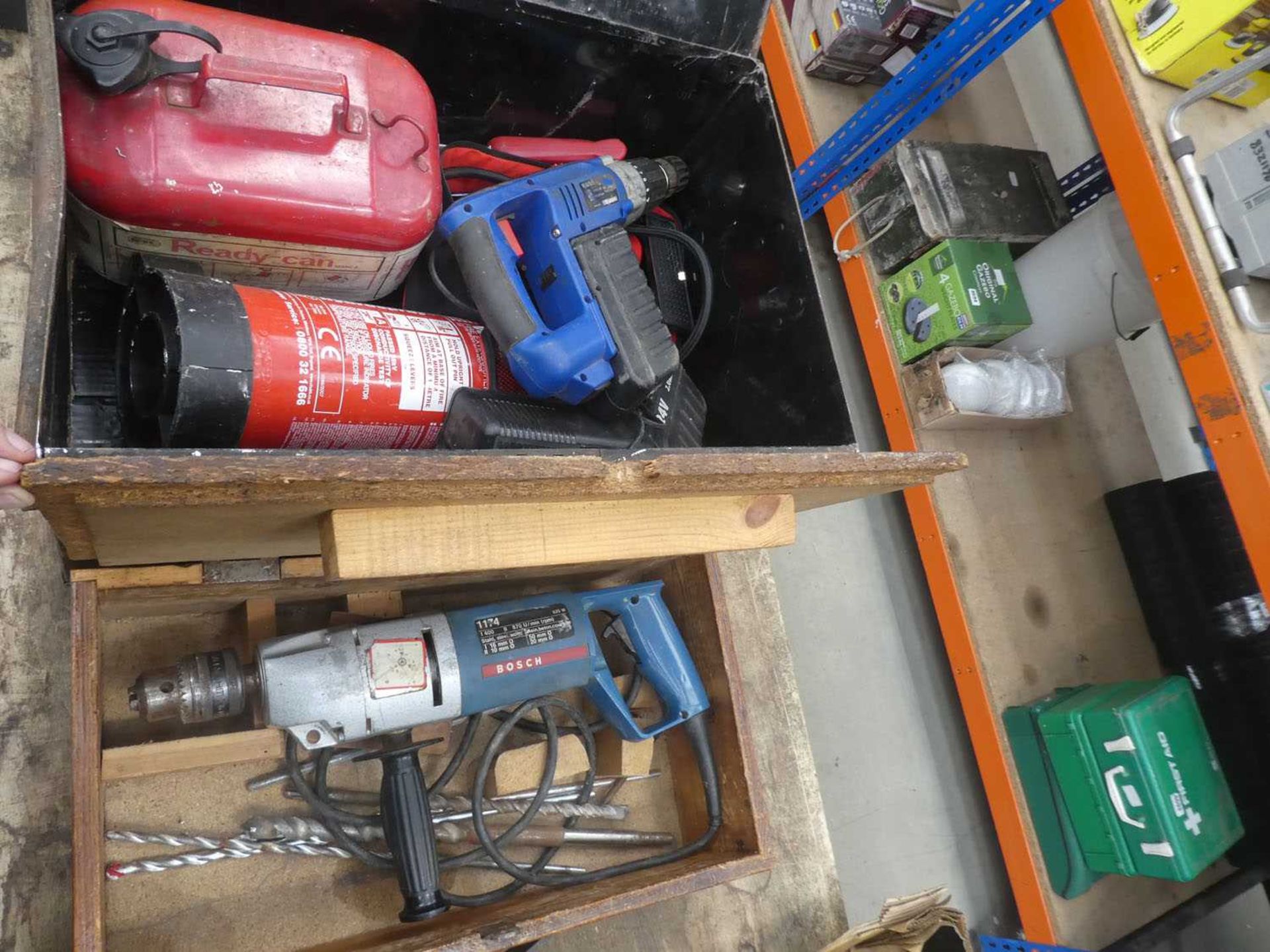 1 x metal tool box plus 1 x wooden tool box containing Bosch heavy duty drill, fire extinguisher,