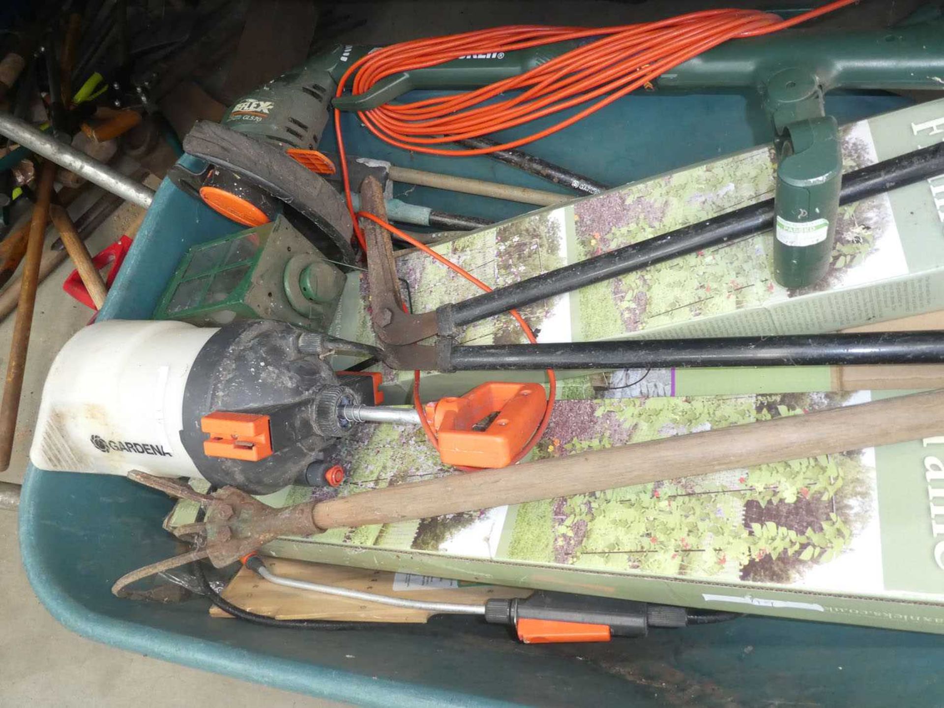 Wheel barrow containing strimmer, sprayer, hoe etc - Image 2 of 2