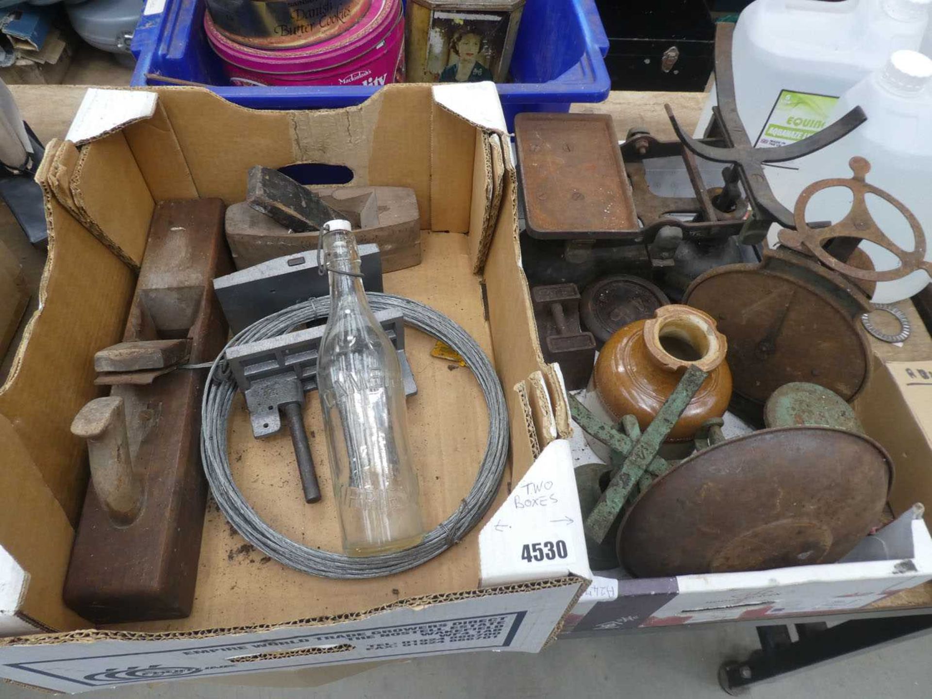 2 boxes of various old items incl. wooden planes, glass bottle, scales, etc.