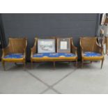 French gold painted bergere two seater settee plus a pair of matching armchairs