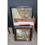 Quantity of prints and paintings to include woodland and stream, coastal scene, huntsman and