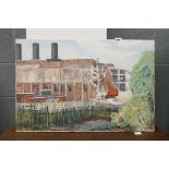 Oil on canvas - building scene with demolition crane