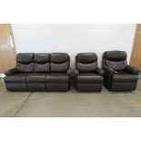 Brown leather effect three seater sofa plus a pair of armchairs