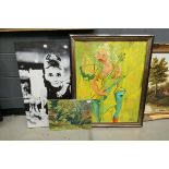 Oil on board - autumn trees, print of the lady musician plus a modern print of Audrey Hepburn