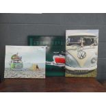 3 modern wall hangings: Lambretta moped and 2 campervans