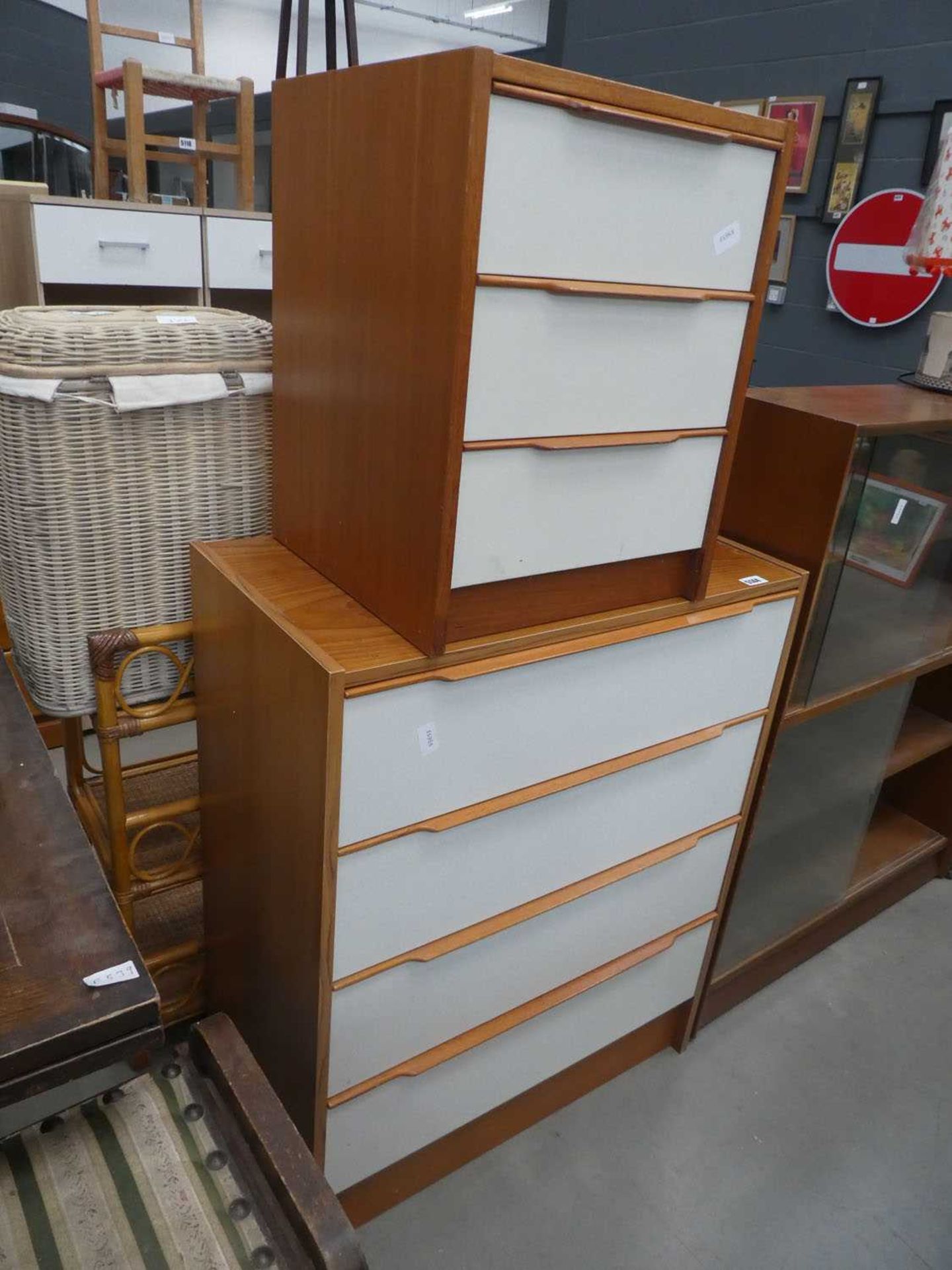 Teak effect and white painted chest of four drawers plus a matching three drawer bedside cabinet