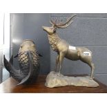 2 brass figures, fish and stag