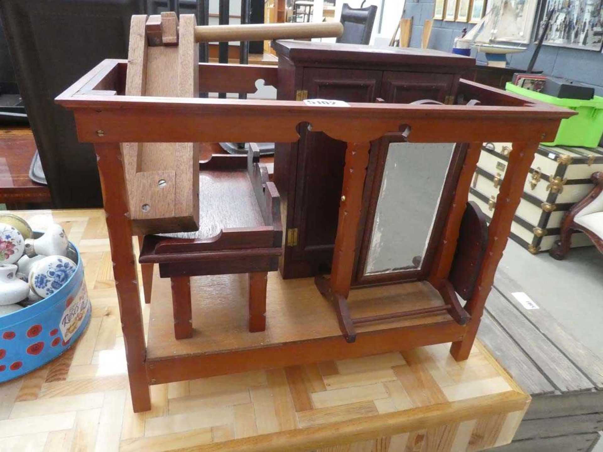 Football supporters rattle plus miniature furniture examples to include a cheval mirror, wardrobe,