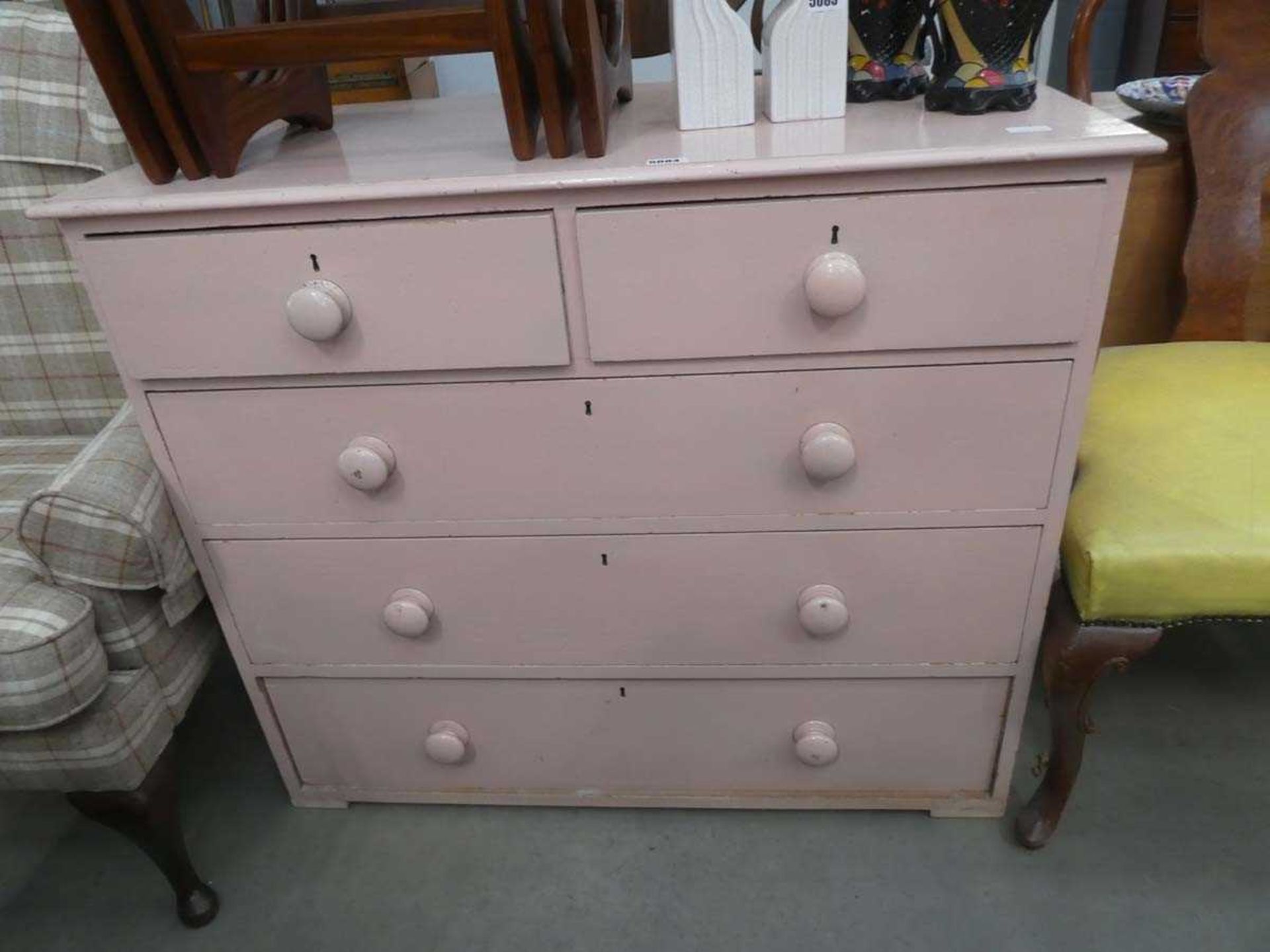 Pink painted pine chest of 2 over 3 drawers